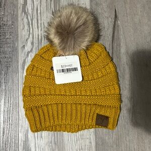 C.C mustard Knit Beanie with Faux Fur Pom
